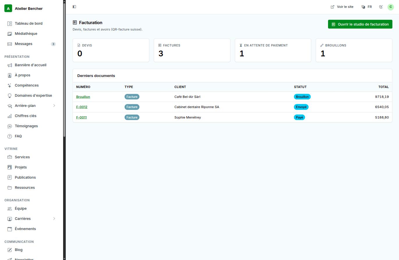 The invoicing module: counters for quotes, invoices, awaiting payment and drafts, then the latest documents with their status.